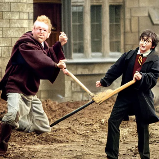Image similar to harry potter slaping ron wesley with a shovel