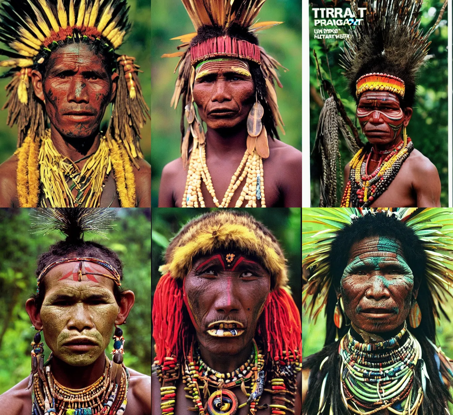 Prompt: portrait photo of the tribe dancer from Amazon and Papua, full color magazine article by National Geographic (1998)