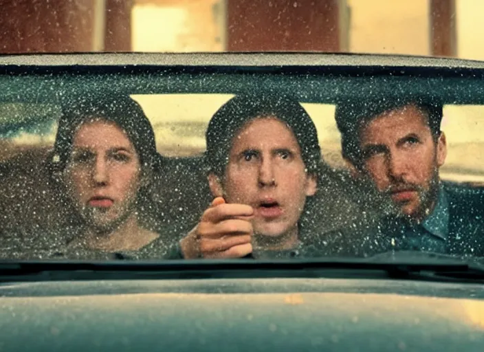 Image similar to A very high resolution image from a new movie, inside of a car, raining, hot, directed by wes anderson