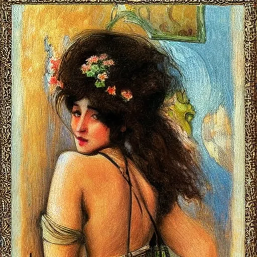 Image similar to gypsy girl, dark hair, jugendstil