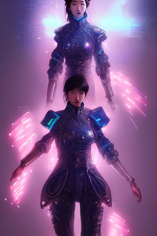 Image similar to portrait futuristic wuxia armor heroine Girl with thunder and fire sparkles and starlight, n future cyberpunk tokyo flowers sea rainning rooftop , ssci-fi, fantasy, intricate, very very beautiful, elegant, human structure, neon light, highly detailed, digital painting, artstation, concept art, smooth, sharp focus, illustration, art by tian zi and WLOP and alphonse mucha