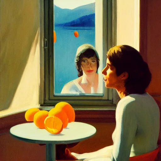 Prompt: oil painting of young leonard cohen in shabby room with beautiful woman wearing second hand clothes, with bowl of oranges on table, and view through window of boat on river, by edward hopper, by robert e. mcginnis