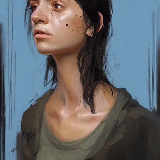 Prompt: Portrait of a woman by Greg Rutkowski, she is about 30 years old, olive skin, freckles, black straight hair, attractive, annoying sister vibes, she is wearing blue utilitarian jumpsuit, highly detailed portrait, digital painting, artstation, concept art, smooth, sharp foccus ilustration, Artstation HQ.