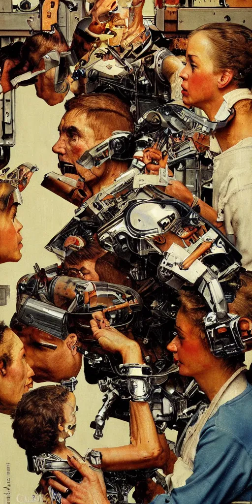 Image similar to Cyborg AI painting a portrait of it self. Norman Rockwell style. Ultra-high details.