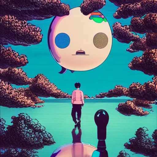 Image similar to a man walking on clouds away from the camera above a lake by takashi murakami, beeple and james jean, aya takano color style, 4 k, super detailed, modern, 4 k, symmetrical