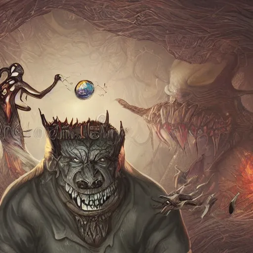 Image similar to cowering in fear from the limitless creativity monster, fantasy style, hd illustration