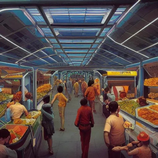 Image similar to food court at a crowded space station, michael whelan, cyberpunk, retrofuture, illustration