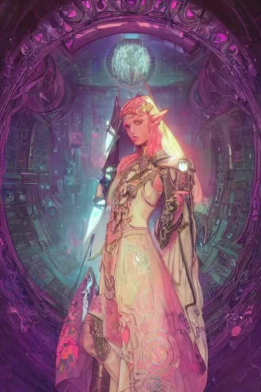 Image similar to Cyberpunk Princess Zelda, magical, flower, bright neon highlights, detailed intricate ink illustration, dark atmosphere, detailed illustration, hd, 4k, digital art, overdetailed art, concept art, by greg rutkowski, by Alfons Mucha, complementing colors, Trending on artstation, deviantart