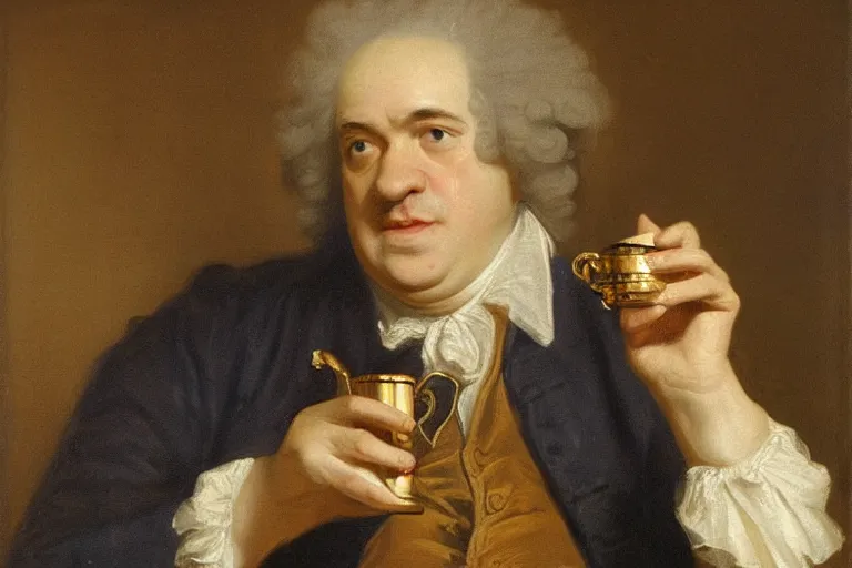 Prompt: Samuel Johnson sipping a tiny gold cup, meme, Sir Joshua Reynolds, 1775 oil painting, 8k, photorealistic brush strokes