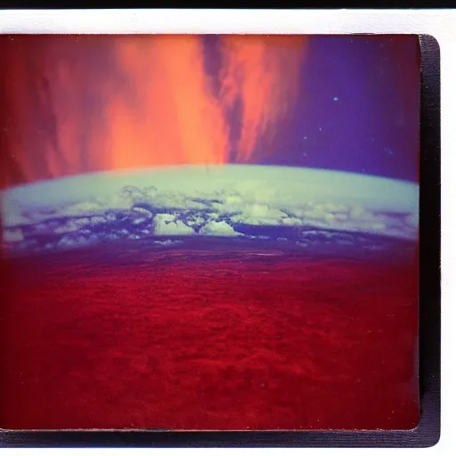 Image similar to vintage polaroid of an alien landscape, detailed clouds, planets visible in the sky, warm azure tones, red color bleed, film grain