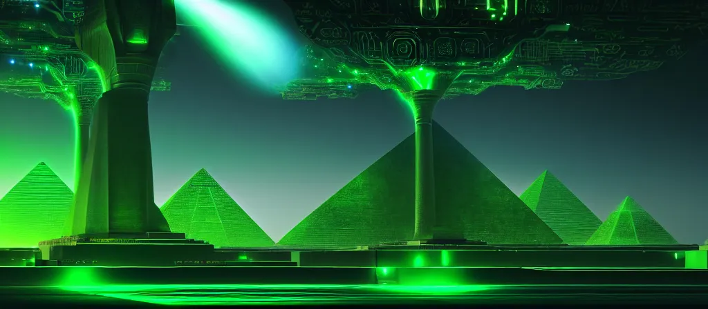 Prompt: the ethereal god of technology close shot the gift of green circuits to humanity. immaculate matte painting. fantastic. velvet and emerald. high key studio lighting. fractal dreams. ancient egypt, trending on artstation, cgsociety, ps 5, uhd 8 k cryengine