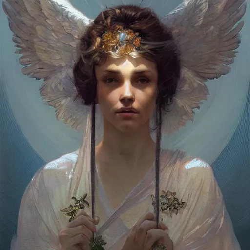 Image similar to a divine angel, highly detailed, digital painting, artstation, concept art, sharp focus, illustration, art by greg rutkowski and alphonse mucha