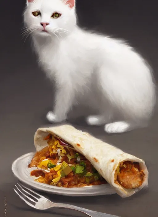 Image similar to a whimsical portrait of a cute white cat eating a burrito by Greg Rutkowski, Sung Choi, Mitchell Mohrhauser, Maciej Kuciara, Johnson Ting, Maxim Verehin, Peter Konig, final fantasy, Marco lense, photorealistic 8k, cinematic lighting, HD, high detail, atmospheric, trending on artstation