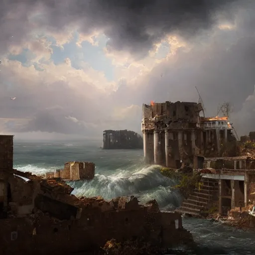 Prompt: Panorama view of a hurricane lifting ruined pieces from an ancient castle into the sky, flying island, oil painting, by Greg Rutkowski