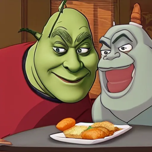 Prompt: uncle iroh having lunch with shrek, candid photo