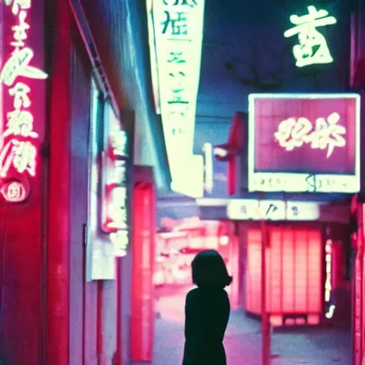 Prompt: a Japanese woman with bangs on a street at night, 1966, 35mm photography, red neon lights