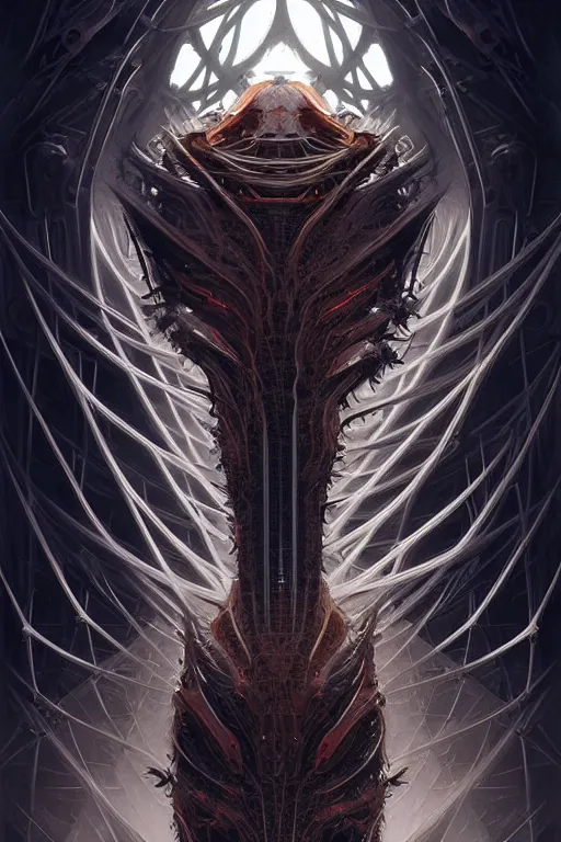 Image similar to professional concept art symmetrical portrait of a terrifying! mechanical predatory fractal! species in a dark room by artgerm and greg rutkowski. an intricate, elegant, highly detailed digital painting, concept art, smooth, sharp focus, illustration, in the style of cam sykes.