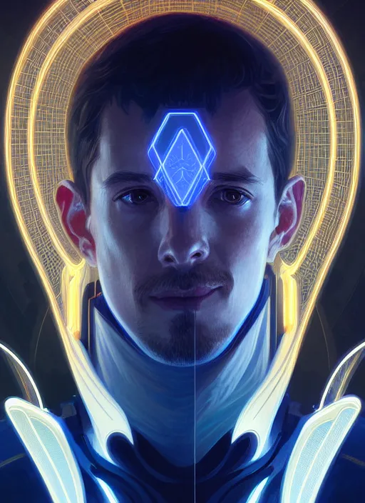 Image similar to symmetry!! portrait of male wizard, sci - fi, tech wear, glowing lights!! intricate, elegant, highly detailed, digital painting, artstation, concept art, smooth, sharp focus, illustration, art by artgerm and greg rutkowski and alphonse mucha