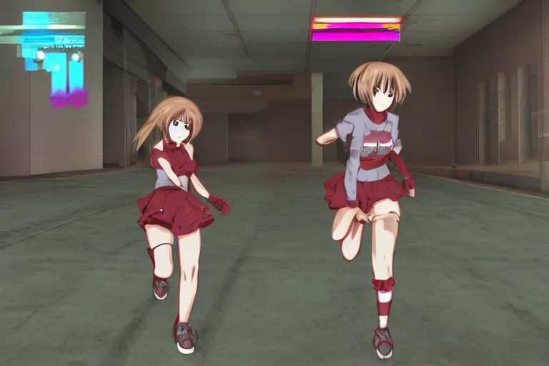 Image similar to an anime girl in a screenshot of the video game doom, the anime girl is running