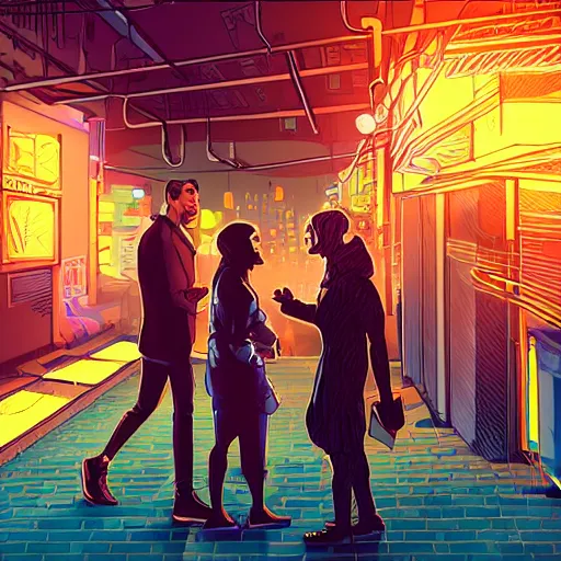 Image similar to two people arguing, detailed digital illustration by matt zeilinger, cyberpunk back alley, nighttime, colorful lighting, android netrunner