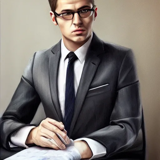 Image similar to handsome serious man in a three - piece suit, hyper realism, digital painting, high quality, photo realistic detailed portrait