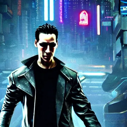 Image similar to photo of a Keanu Reaves from the Matrix film in the Cyberpunk 2077 game