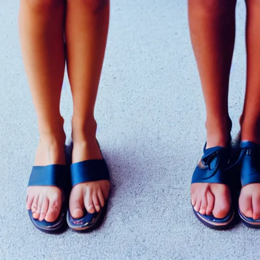 Image similar to a photograph of two people's legs facing in opposite directions, portra 400, 50mm lens, grainy, film, bokeh, shallow depth of field