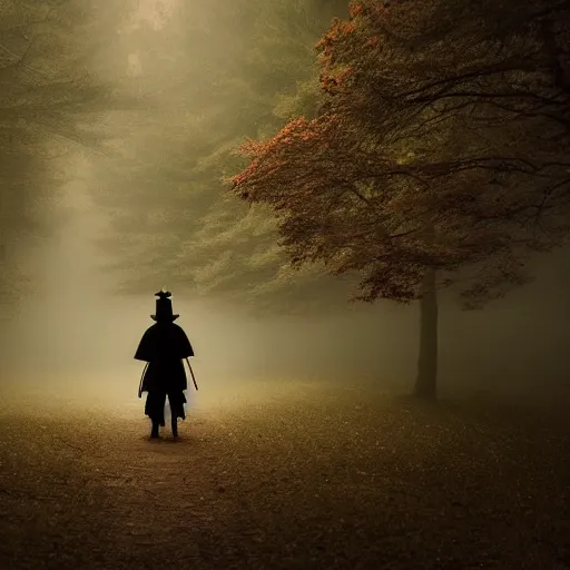 Image similar to a samurai walks alone through the woods at night, gloomy, dark, foggy, night, ominous, dark color, atmospheric, cinematic lighting, intricate detail?