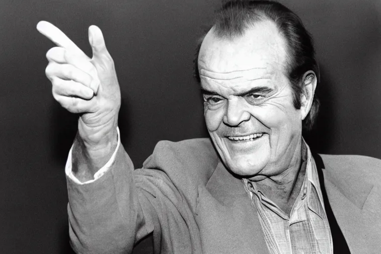 Prompt: Jack Nicholson pointing at the completed Noah's Ark while it's doors are open