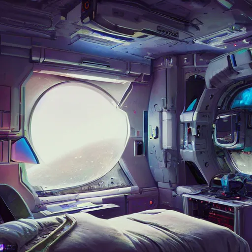 Image similar to a 00s bedroom in a spacestation, intense sci-fi details, realism, colorful, hyper detailed, futuristic, technology, cinematic atmosphere, arnold render, trending on artstation, cgsociety,
