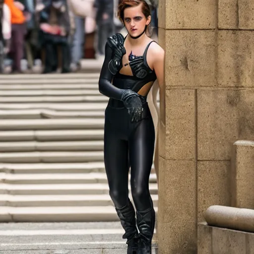 Image similar to Emma Watson as Catwoman, 105mm, Canon, f/1.4, ISO 100, 1/200s, 8K, RAW, symmetrical balance, Dolby Vision, Aperture Priority