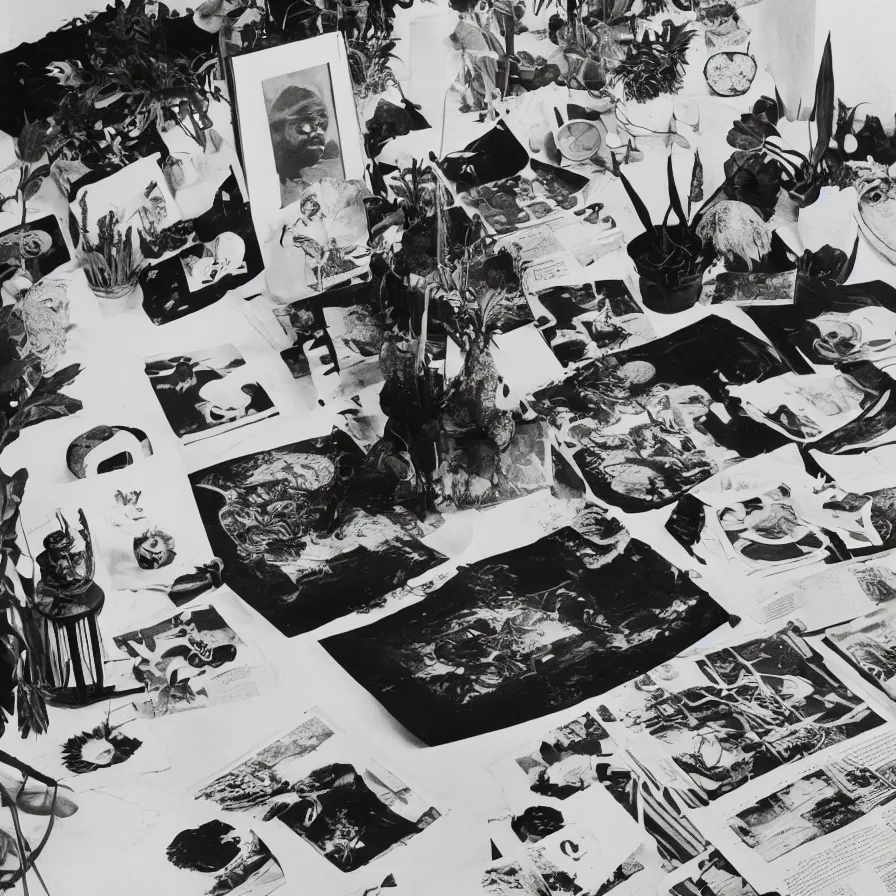 Image similar to A black and white photography of an exhibition space with objects of Sun Ra, Marcel Duchamp and tropical plants, 60s, offset lithography print, newspaper, detail, nature morte