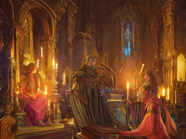 Prompt: paladin and magic user in a highly detailed holy temple, altar, candles, beautiful, high fantasy, colorful, highly detailed faces, high details, ornamental, exquisite, sharp focus, chiaroscuro, dnd, digital painting