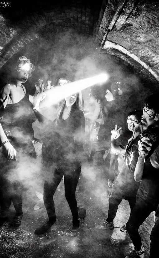Image similar to a argentic photography dark party with smoke and laser system in paris catacombs, les catacombes, people dancing, dark, uv, techno, bones, party, photography canon, ecstasy, illegal, alcohol,