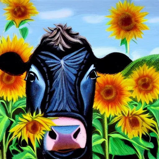 Prompt: a cows face with a landscape of sunflowers behind it, photorealistic