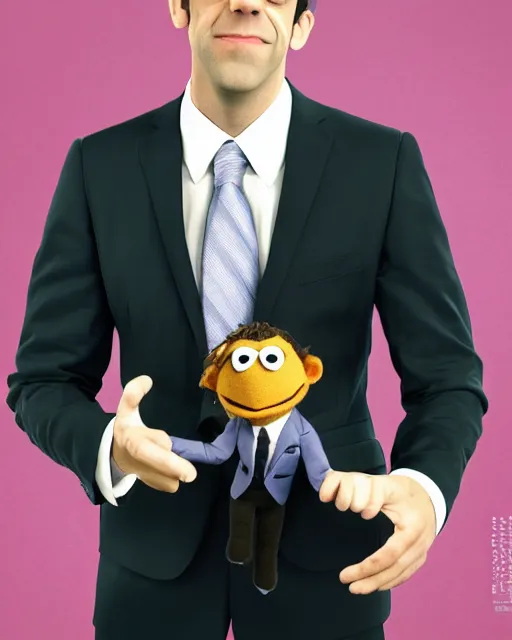 Prompt: bj novak with a suit as a muppet. highly detailed felt. hyper real photo. 4 k.