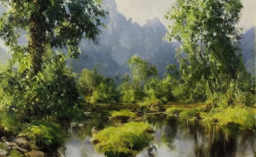 Image similar to oil painting lanscape by anders zorn, jungle nature, fruit trees, very very very very beautiful art, dramatic light, water reflections, tall rocky mountains