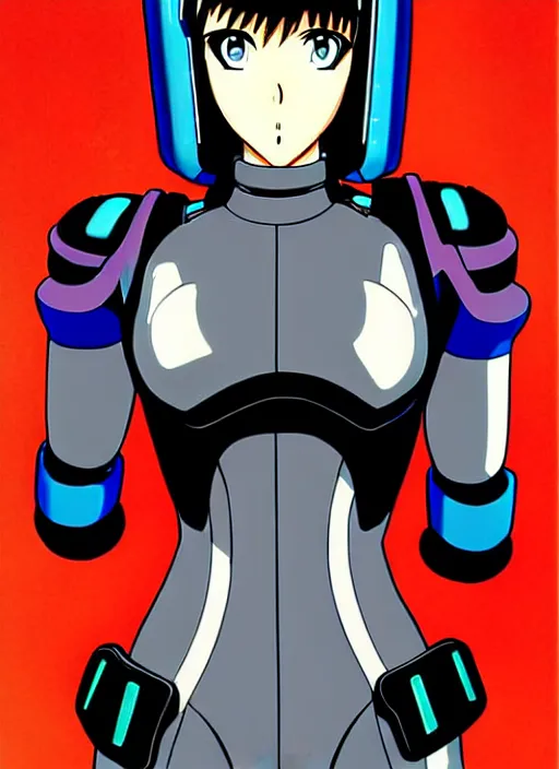 Image similar to Portrait of a female mech pilot in a latex bodysuit, 90s anime, cel-shaded, highly detailed, desaturated, gothic, oppressively atmosphere, poster