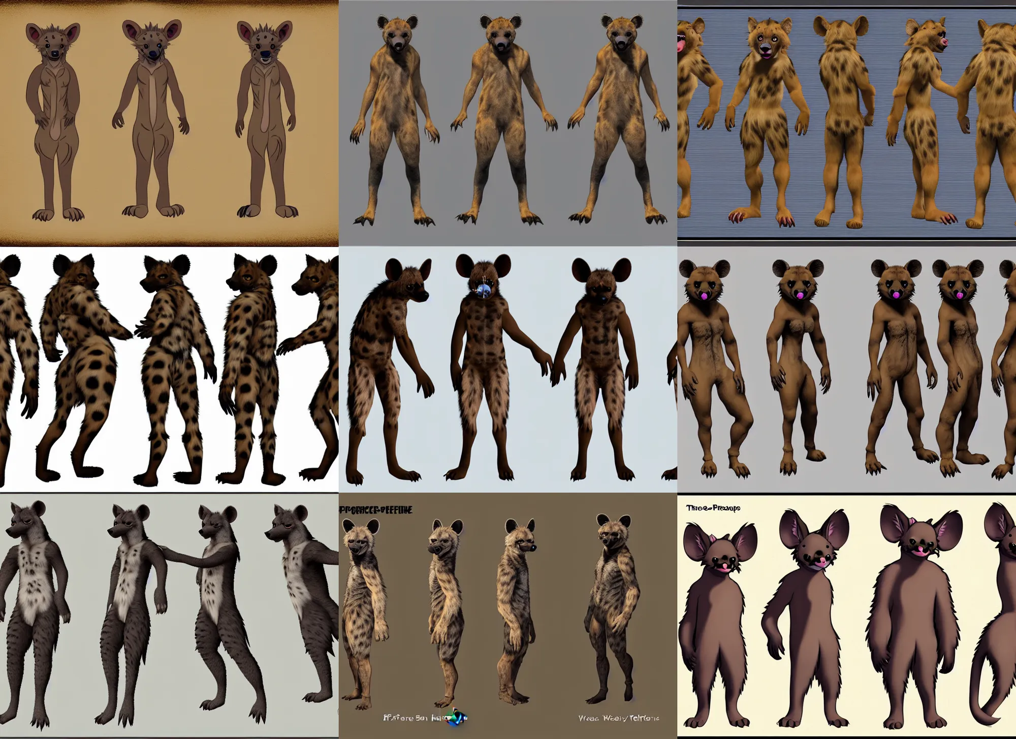 Image similar to three - perspective furry reference sheet ( front / back / side ), hyena fursona, high - resolution, trending on weasyl