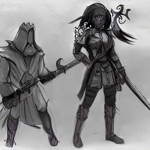 Image similar to a shotgun - toting union hunter and a noble, sword - wielding magical girl stand back to back against a wall while darkspawn creatures approach them. concept art storyboard sketch