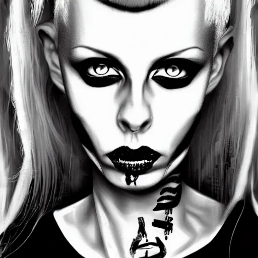 Image similar to die antwoord yolandi portrait, back and white, zef design graffiti in the background, dark lighting, digital art