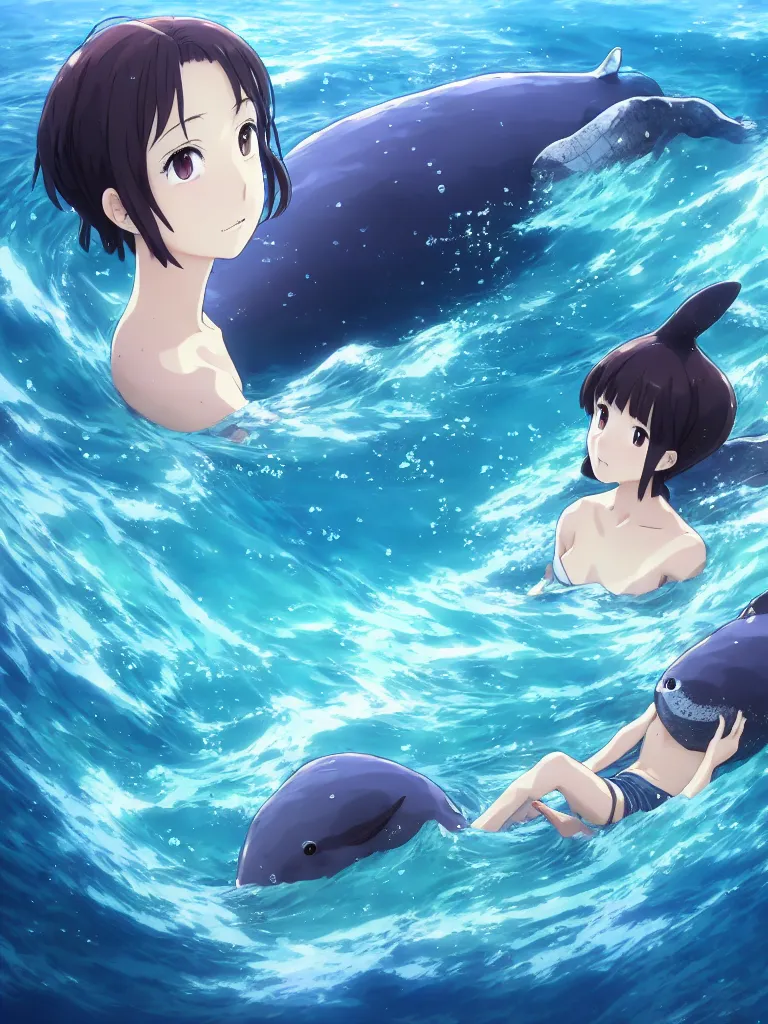 Image similar to a panorama view under the water, anime art full body portrait character concept art, hyper detailed cg rendering of a cute girl and whale, anime key visual of children of the sea, finely detailed perfect face, style of raphael lacoste, makoto shinkai, violet evergarden, studio ghibli, james jean, hayao miyazaki, extremely high quality artwork