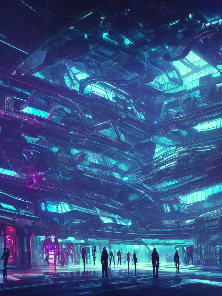 Image similar to the interior of a celestial spaceship cyberpunk hangar in a bioluminescent walls decorated beautifully, lots of cyberpunk design elements like humanoids and mecha robots, warm sunlight shining in, lots of cables and neon signs, concept art 8 k resolution, fantasy illustration, sharp focus, detailed painting, deep color, volumetric lighting, crepuscular rays