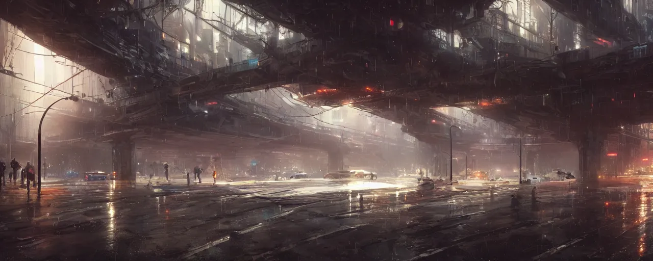 Image similar to under a highway bridge of a cyberpunk city, rain, night, flying shuttles, advertising pannels, rays of light, james gurney, greg rutkowski, unreal engine 5, artstation, sharp focus, award winning