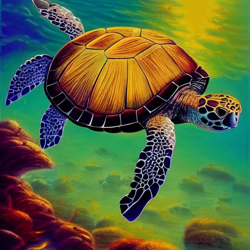 Image similar to a beautful visionary painting of a turtle swimming underwater, by gilbert williams, artstation