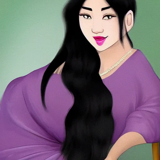 Image similar to zi di had a head of curvy black hair, and her pale skin glistened with sweat, giving her a delicate appearance. her features were defined, and she had a beautiful smile beyond the ordinary. the most attractive part of her was her big, purple eyes, shining like clear amethyst.