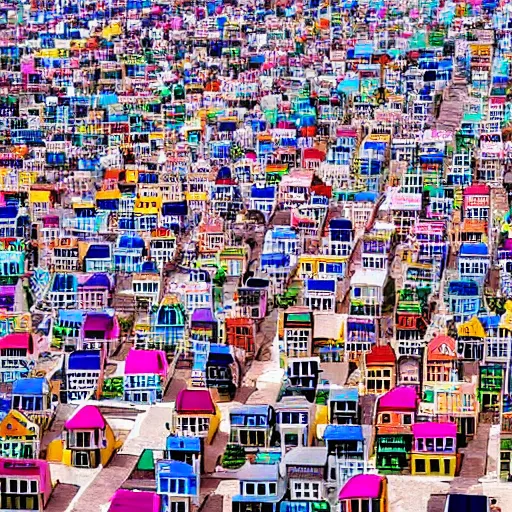 Image similar to A cityscape made up of thousands of tiny colorful houses. Photography.