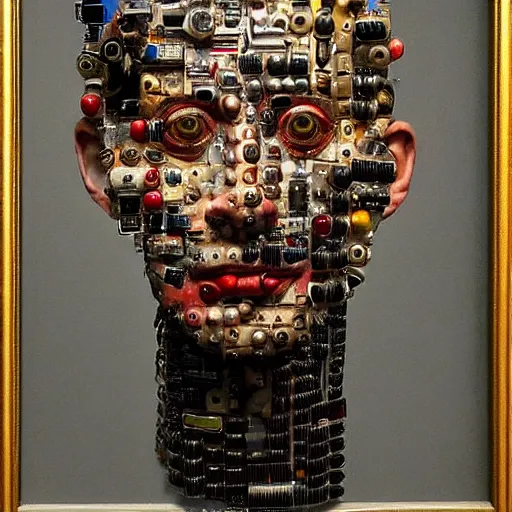 Prompt: portrait photo of a man made from computer parts, Perfect face, extremely high details, realistic, by Giuseppe Arcimboldo, Edward Hopper, Rene Margitte