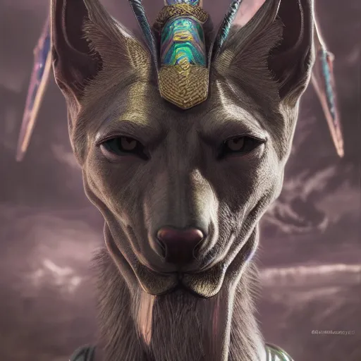 Image similar to portrait of anubis, intricate artwork, concept art, octane render, deviantart, cinematic, key art, hyperrealism, iridescent accents, portrait photograph, nikon 3 5 mm, photograph by greg rutkowski