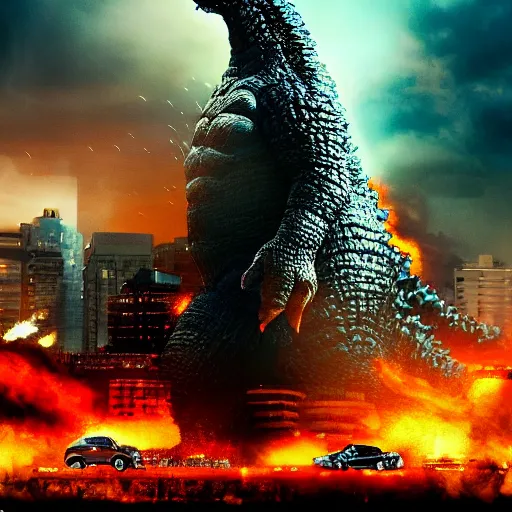 Prompt: obama versus godzilla in a parking lot, movie poster, facing each other, side angle, imax, highly detailed, photorealism